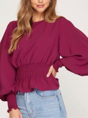 NWOT She + Sky Plum Smocked Waist Balloon Sleeve Blouse